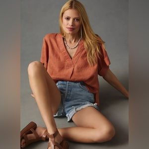 Anthropologie Women’s Pilcro Linen Henley Surf Shirt Short Sleeve Honey Color